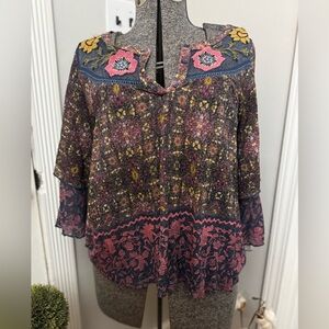 Women’s Anthropologie Mis Stol Floral Boho Blouse with Embroidery size Small